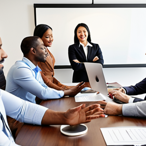 **Prompt:** An international team of diverse professionals in a modern, well-lit conference room, confidently engaging in a video call and reviewing documents. The atmosphere is collaborative and culturally intelligent, showcasing seamless global business communication, where subtle meanings are understood and effective decisions are made. A symbolic bridge or handshake can subtly connect cultural elements.