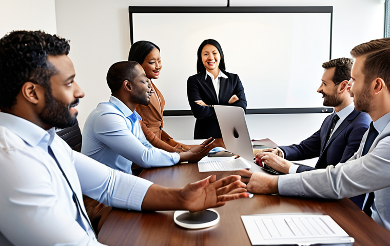 **Prompt:** An international team of diverse professionals in a modern, well-lit conference room, confidently engaging in a video call and reviewing documents. The atmosphere is collaborative and culturally intelligent, showcasing seamless global business communication, where subtle meanings are understood and effective decisions are made. A symbolic bridge or handshake can subtly connect cultural elements.