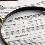 ** A stack of Letter of Credit documents with magnifying glass highlighting ambiguous clauses like "subject to buyer's approval," with a frustrated exporter looking on. The scene depicts a "soft clause" trap in L/C terms.

**