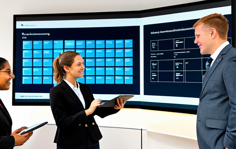 A diverse group of professionals, fully clothed in modest business attire, are actively collaborating in a bright, modern learning hub. They are gathered around a large, interactive digital screen displaying complex international trade documents and data. One member points to a specific term on the screen while a senior mentor, dressed in a professional suit, thoughtfully provides guidance. Other participants are engaged in lively discussion, taking notes on tablets and open notebooks. The scene emphasizes focused learning and professional development through communal interaction. Natural lighting illuminates the contemporary interior. Professional photography, high resolution. Perfect anatomy, correct proportions, natural pose, well-formed hands, proper finger count, natural body proportions. Safe for work, appropriate content, fully clothed, professional, family-friendly.