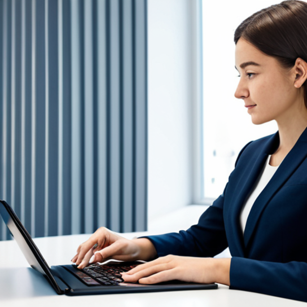 A focused female professional, fully clothed in a modest business casual outfit, sits comfortably at a sleek desk. She is engaged with a large tablet screen, which displays a modern, abstract user interface with subtle digital lines and graphs, subtly suggesting AI-powered learning tools for trade English. One hand is gently resting on the keyboard, indicating interaction. The setting is a brightly lit, contemporary co-working space with a clean, minimalist design and soft diffused light entering from a large window in the background. Professional studio lighting, high-resolution photography, crisp focus on the subject. safe for work, appropriate content, fully clothed, professional dress, perfect anatomy, correct proportions, natural pose, well-formed hands, proper finger count, natural body proportions.