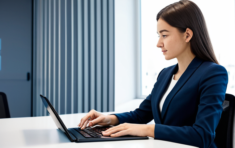 A focused female professional, fully clothed in a modest business casual outfit, sits comfortably at a sleek desk. She is engaged with a large tablet screen, which displays a modern, abstract user interface with subtle digital lines and graphs, subtly suggesting AI-powered learning tools for trade English. One hand is gently resting on the keyboard, indicating interaction. The setting is a brightly lit, contemporary co-working space with a clean, minimalist design and soft diffused light entering from a large window in the background. Professional studio lighting, high-resolution photography, crisp focus on the subject. safe for work, appropriate content, fully clothed, professional dress, perfect anatomy, correct proportions, natural pose, well-formed hands, proper finger count, natural body proportions.