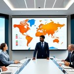 **Prompt 1: Global Business Collaboration**
    A diverse group of professional businesspeople, including men and women of various ethnicities, are seated around a modern, sleek conference table in a brightly lit, contemporary meeting room. They are engaged in a collaborative discussion, looking at a large wall-mounted screen displaying global trade charts and a world map. Each person is wearing a modest business suit and professional dress, with confident and engaged expressions. The room features large windows showing a city skyline, emphasizing a global context. The scene is captured with professional photography, natural lighting, sharp focus, and high-resolution details.
    *   **Safety Modifiers**: fully clothed, modest clothing, appropriate attire, professional dress, safe for work, appropriate content, professional.
    *   **Anatomy Modifiers**: perfect anatomy, correct proportions, natural pose, well-formed hands, proper finger count, natural body proportions.