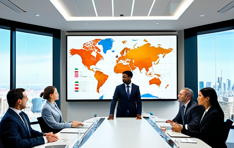 **Prompt 1: Global Business Collaboration**
    A diverse group of professional businesspeople, including men and women of various ethnicities, are seated around a modern, sleek conference table in a brightly lit, contemporary meeting room. They are engaged in a collaborative discussion, looking at a large wall-mounted screen displaying global trade charts and a world map. Each person is wearing a modest business suit and professional dress, with confident and engaged expressions. The room features large windows showing a city skyline, emphasizing a global context. The scene is captured with professional photography, natural lighting, sharp focus, and high-resolution details.
    *   **Safety Modifiers**: fully clothed, modest clothing, appropriate attire, professional dress, safe for work, appropriate content, professional.
    *   **Anatomy Modifiers**: perfect anatomy, correct proportions, natural pose, well-formed hands, proper finger count, natural body proportions.