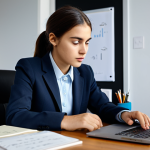A focused young professional, fully clothed in a modest business casual outfit including a neat blazer and collared shirt, sitting at a clean, modern desk in a well-lit home office. The desk has a laptop displaying a language learning application or an AI tool interface, a notebook with handwritten notes, and a few trade English flashcards. The subject is deeply concentrated, with a professional and neutral expression, emphasizing the process of learning and efficient study. The background is softly blurred, indicating a productive and calm environment. safe for work, appropriate content, professional, perfect anatomy, correct proportions, natural pose, well-formed hands, proper finger count, natural body proportions, professional photography, highly detailed, sharp focus, cinematic lighting, ultra-realistic.