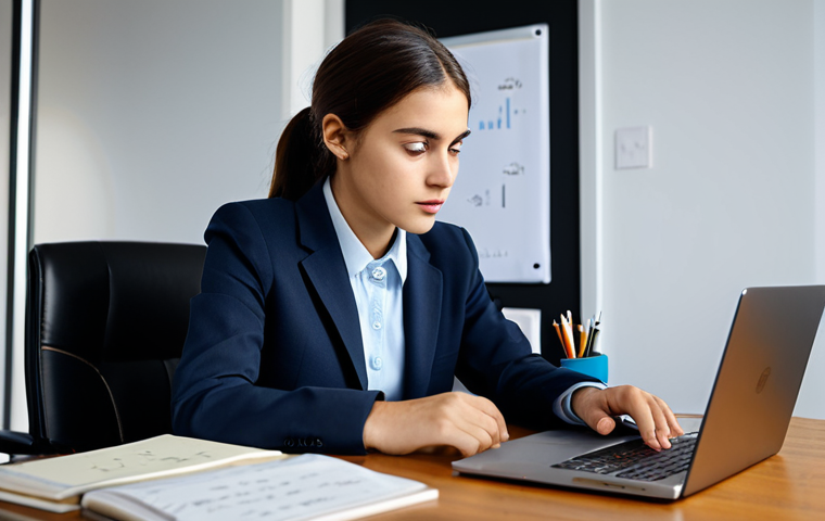 A focused young professional, fully clothed in a modest business casual outfit including a neat blazer and collared shirt, sitting at a clean, modern desk in a well-lit home office. The desk has a laptop displaying a language learning application or an AI tool interface, a notebook with handwritten notes, and a few trade English flashcards. The subject is deeply concentrated, with a professional and neutral expression, emphasizing the process of learning and efficient study. The background is softly blurred, indicating a productive and calm environment. safe for work, appropriate content, professional, perfect anatomy, correct proportions, natural pose, well-formed hands, proper finger count, natural body proportions, professional photography, highly detailed, sharp focus, cinematic lighting, ultra-realistic.