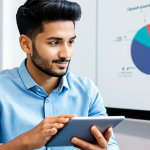 A professional, diverse young adult, fully clothed in a smart casual business outfit, sits comfortably in a well-lit, modern co-working space. They are focused on a tablet, engaging with an interactive business English learning application. The screen displays a realistic simulation of a virtual international business meeting, with subtle visual cues of AI-powered feedback or real-time translation features. The atmosphere is one of focused learning and technological integration. The subject's posture is natural and engaged. Safe for work, appropriate content, fully clothed, professional, perfect anatomy, correct proportions, natural pose, well-formed hands, proper finger count, natural body proportions, professional photography, high quality.