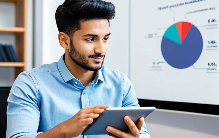 A professional, diverse young adult, fully clothed in a smart casual business outfit, sits comfortably in a well-lit, modern co-working space. They are focused on a tablet, engaging with an interactive business English learning application. The screen displays a realistic simulation of a virtual international business meeting, with subtle visual cues of AI-powered feedback or real-time translation features. The atmosphere is one of focused learning and technological integration. The subject's posture is natural and engaged. Safe for work, appropriate content, fully clothed, professional, perfect anatomy, correct proportions, natural pose, well-formed hands, proper finger count, natural body proportions, professional photography, high quality.