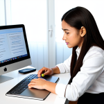 A focused young professional, fully clothed in a modest business casual outfit, sitting at a clean desk in a brightly lit, modern home office. The individual is looking at a laptop screen displaying a language learning application interface, with a grammar textbook and an open notebook nearby. A tablet shows a professional translation tool. The scene emphasizes dedication to learning and mastering business English through modern tools and diligent study, showcasing the journey from initial challenges to confident communication. The subject has perfect anatomy, correct proportions, and a natural pose, with well-formed hands and proper finger count. safe for work, appropriate content, fully clothed, professional dress, family-friendly, high quality, studio lighting.