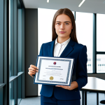**

A determined young professional woman in a modest business suit stands in a modern office building, fully clothed, holding a BEC certificate, appropriate attire, safe for work, perfect anatomy, natural proportions, professional, career-focused, bright lighting.

**