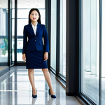 **

A professional East Asian businesswoman in a tailored, modest dark blue business suit, standing confidently in a modern office lobby with glass walls and contemporary art, fully clothed, appropriate attire, safe for work, perfect anatomy, natural proportions, professional corporate photography, high quality.

**