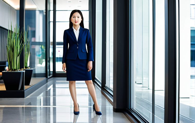 **

A professional East Asian businesswoman in a tailored, modest dark blue business suit, standing confidently in a modern office lobby with glass walls and contemporary art, fully clothed, appropriate attire, safe for work, perfect anatomy, natural proportions, professional corporate photography, high quality.

**