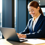 **

A professional businesswoman in a modern, glass-walled office. She is wearing a tailored, fully clothed business suit with a modest blouse. She's smiling warmly while reviewing documents on her computer. Sunlight streams through the window, illuminating the scene. Perfect anatomy, correct proportions, well-formed hands, proper finger count, natural body proportions. Safe for work, appropriate content, fully clothed, professional. High quality, detailed, photorealistic.

**