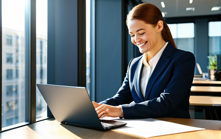 **

A professional businesswoman in a modern, glass-walled office. She is wearing a tailored, fully clothed business suit with a modest blouse. She's smiling warmly while reviewing documents on her computer. Sunlight streams through the window, illuminating the scene. Perfect anatomy, correct proportions, well-formed hands, proper finger count, natural body proportions. Safe for work, appropriate content, fully clothed, professional. High quality, detailed, photorealistic.

**