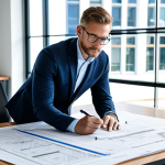 ** A professional architect, fully clothed in modest attire, reviewing blueprints in a bright, modern office space. Natural light, perfect anatomy, correct proportions, safe for work, appropriate content, family-friendly, high resolution.

**