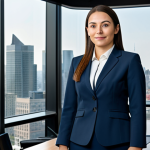 **

A professional businesswoman in a modest business suit, standing in a modern office setting with large windows overlooking a city skyline, fully clothed, appropriate attire, safe for work, perfect anatomy, correct proportions, professional photography, high quality, family-friendly.

**