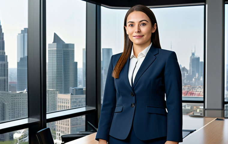 **

A professional businesswoman in a modest business suit, standing in a modern office setting with large windows overlooking a city skyline, fully clothed, appropriate attire, safe for work, perfect anatomy, correct proportions, professional photography, high quality, family-friendly.

**