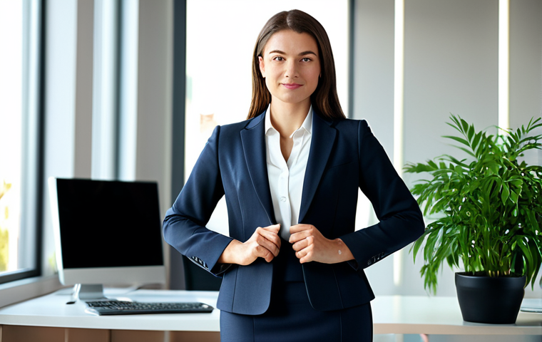 무역영어를 활용한 다양한 성공 사례 - Professional Portrait**

A confident businesswoman stands in a modern, sunlit office. She wears a ta...
