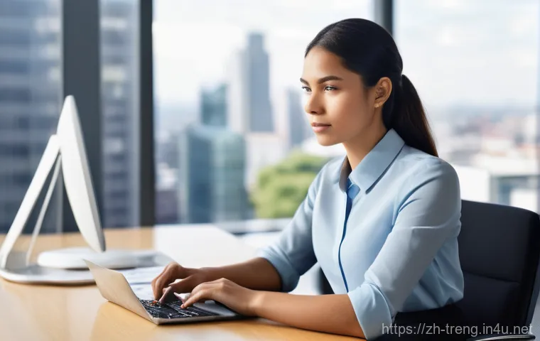 무역영어 시험과 실제 비즈니스 활용 사례 - **Prompt:** "A determined young female professional, in her late 20s, with a focused expression, sit...