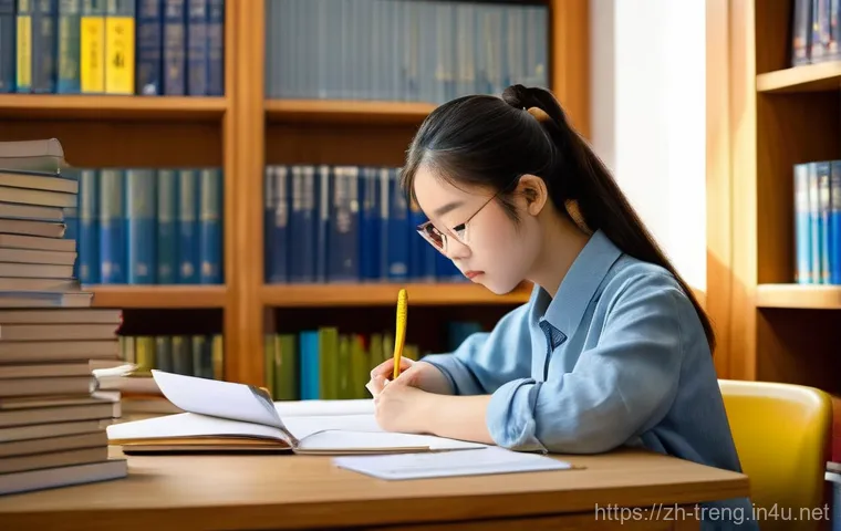 무역영어 필기시험 대비 주요 자료 활용 방법 - **Prompt 1: Focused Academic Study with Traditional Resources**
    A diligent young female student,...