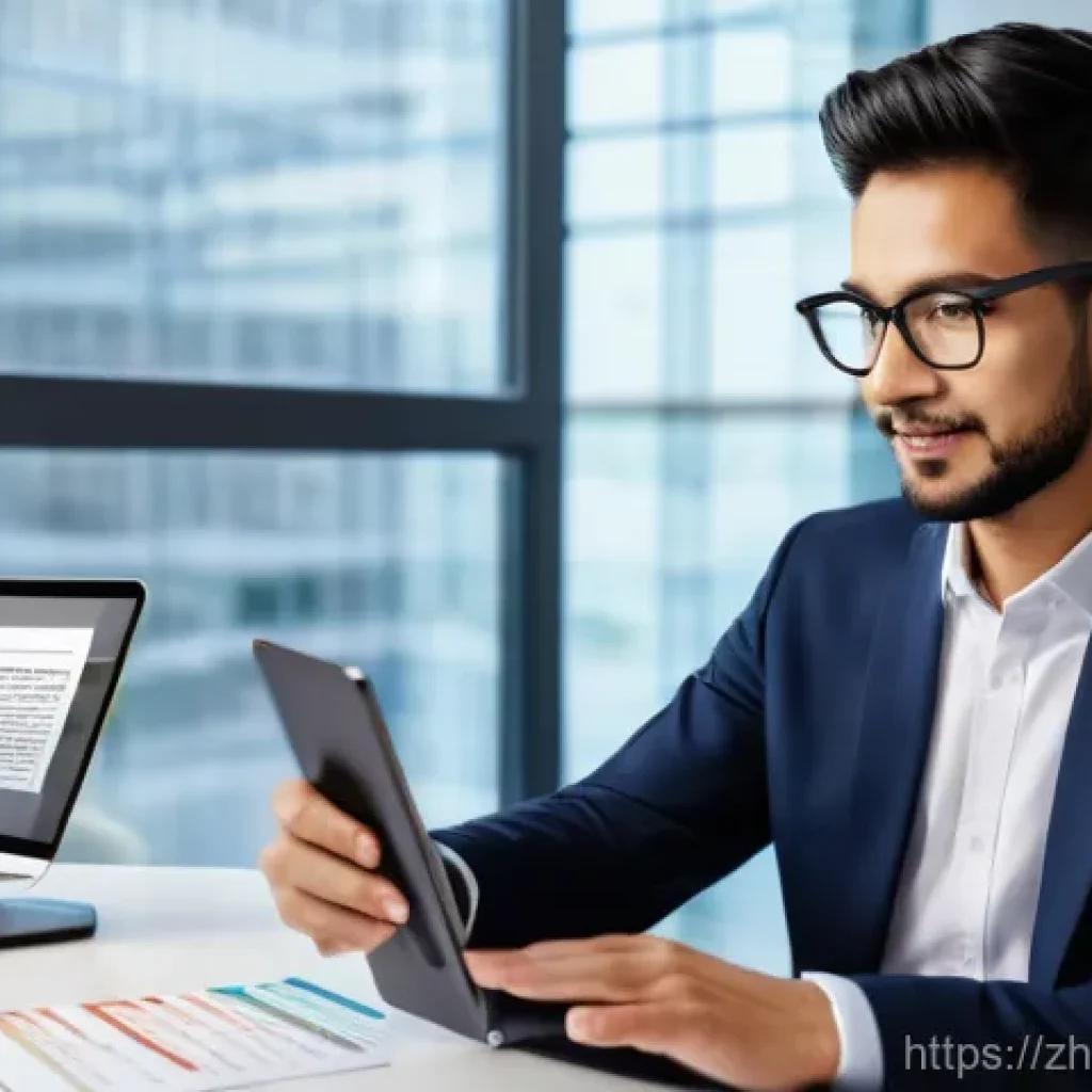 무역영어 시험 대비에서 발생한 주요 도전과 해결 사례 - A highly detailed image of a young professional, looking focused and engaged, using a sleek, modern ...