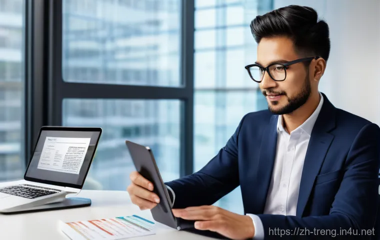 무역영어 시험 대비에서 발생한 주요 도전과 해결 사례 - A highly detailed image of a young professional, looking focused and engaged, using a sleek, modern ...