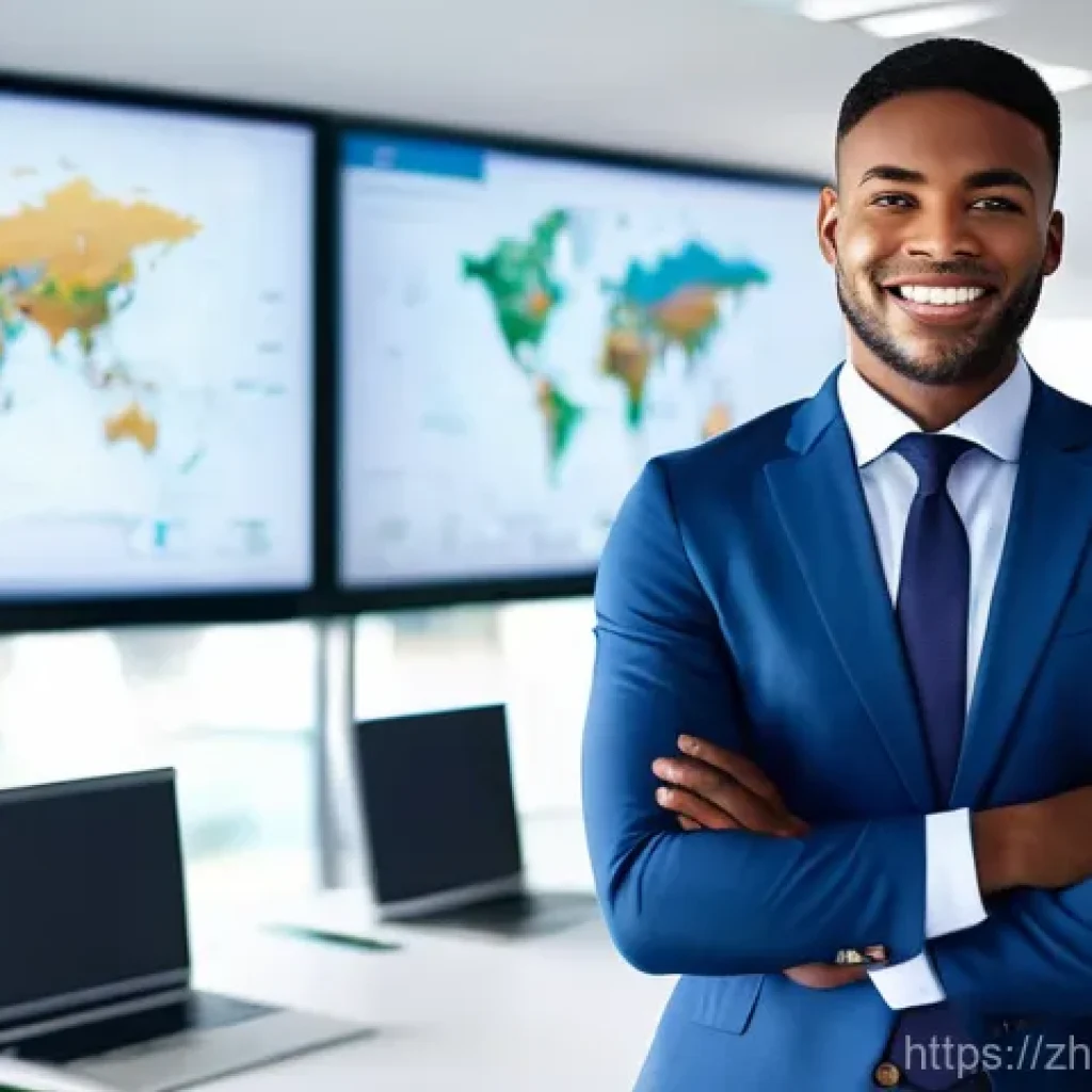 무역영어 자격증의 취업 기회 창출 사례 - **Prompt:** A diverse, confident young professional, dressed in a sharp business suit, stands in a m...