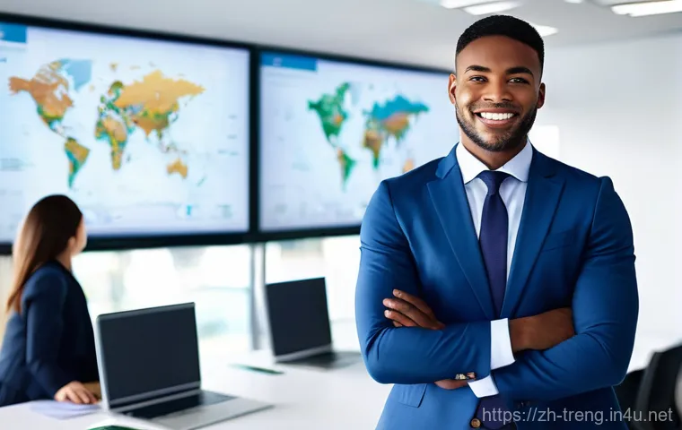 무역영어 자격증의 취업 기회 창출 사례 - **Prompt:** A diverse, confident young professional, dressed in a sharp business suit, stands in a m...