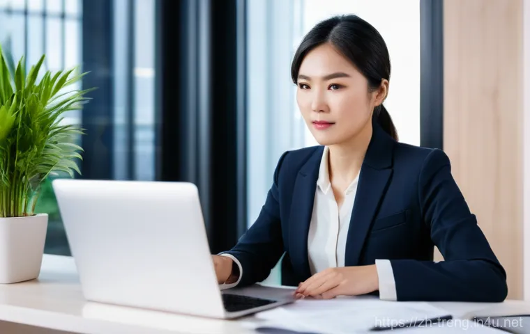 무역영어 실기시험 준비의 핵심 포인트 - **Prompt:** A professional Asian woman in her late 20s or early 30s, dressed in a smart business bla...