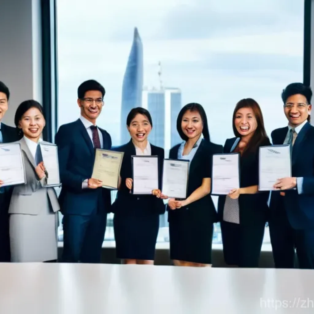 무역영어 자격증 취득 후의 장기적 효과 - **Prompt:** A diverse group of impeccably dressed young professionals in a sleek, modern internation...