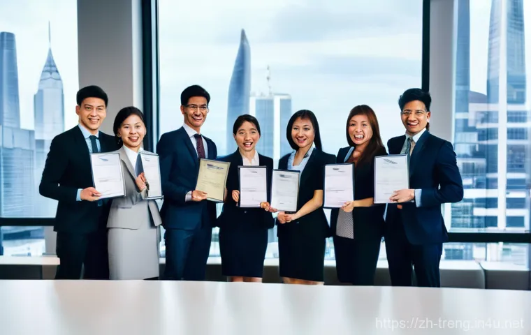 무역영어 자격증 취득 후의 장기적 효과 - **Prompt:** A diverse group of impeccably dressed young professionals in a sleek, modern internation...