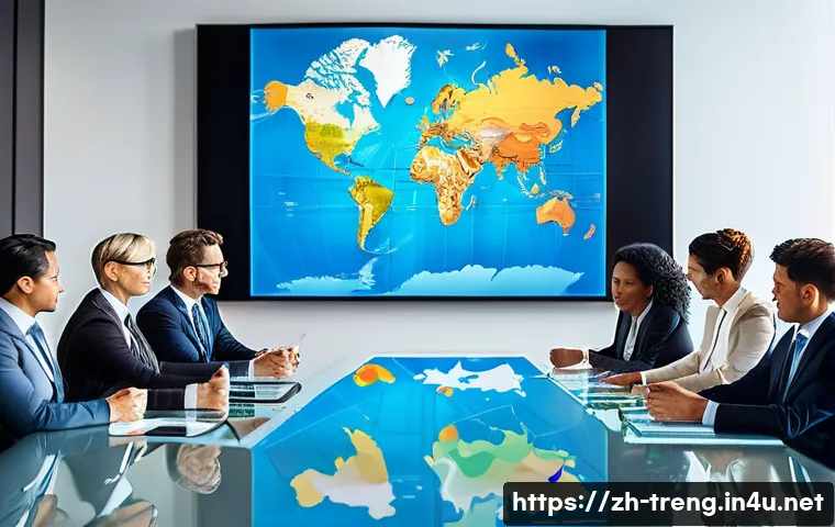 무역영어와 통관 절차 이해 - A diverse group of modern business professionals from different countries, dressed in smart business...