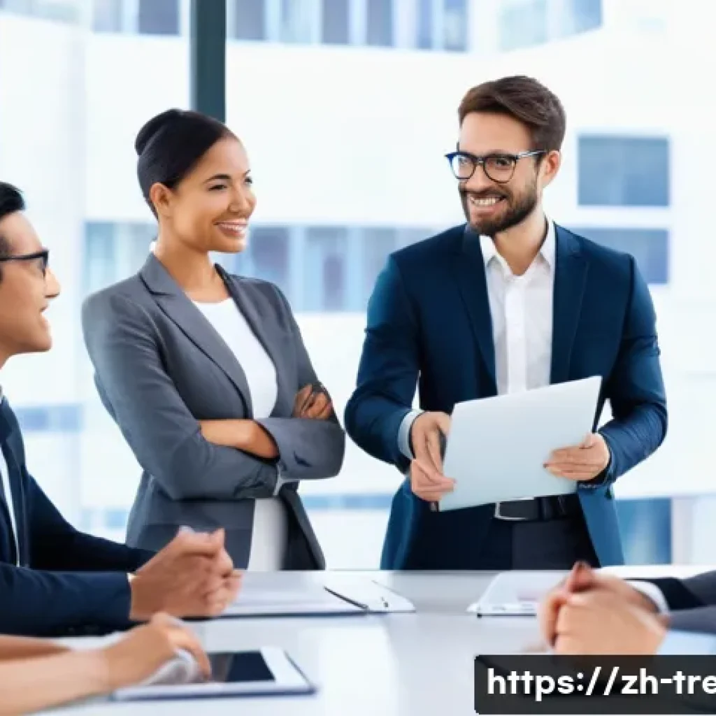 무역영어 학습과 국제적 비즈니스 기회 - **Prompt:** A diverse group of international business professionals, approximately five people, are ...