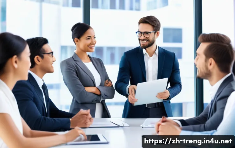 무역영어 학습과 국제적 비즈니스 기회 - **Prompt:** A diverse group of international business professionals, approximately five people, are ...