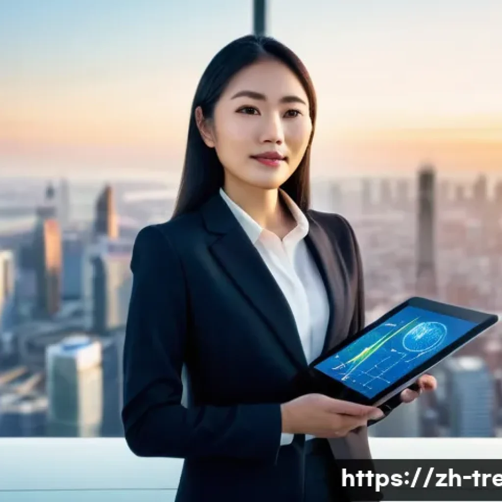 무역영어 시험 준비로 향상된 업무 기술 - A dynamic, cinematic shot of a young, confident female professional of East Asian descent, dressed i...