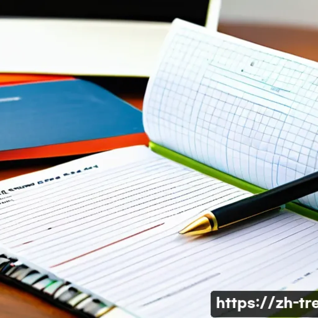 무역영어 필기시험 대비 효율적 자료 제작 - A modern study desk scene showing a detailed trade English vocabulary notebook open on the table, su...