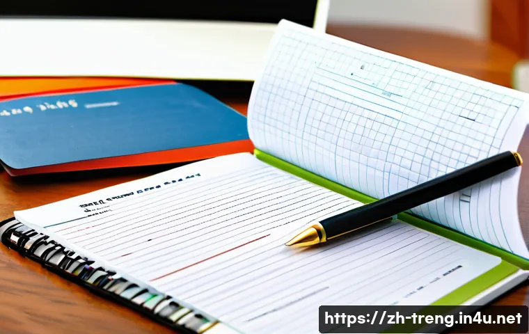 무역영어 필기시험 대비 효율적 자료 제작 - A modern study desk scene showing a detailed trade English vocabulary notebook open on the table, su...