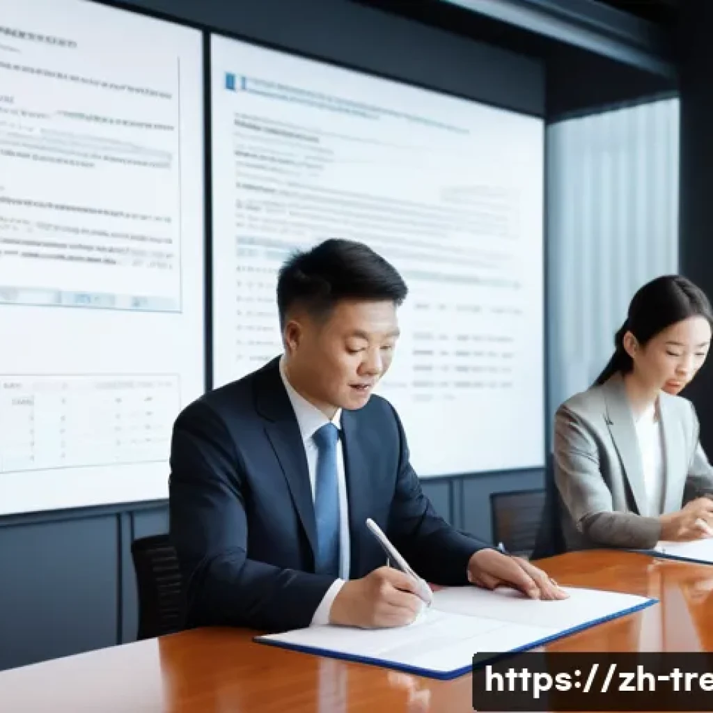 무역영어 시험에서 자주 나오는 질문 - A detailed, modern office scene showing an international trade contract signing between two business...