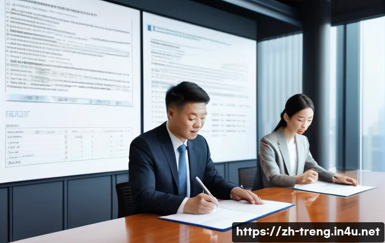 무역영어 시험에서 자주 나오는 질문 - A detailed, modern office scene showing an international trade contract signing between two business...