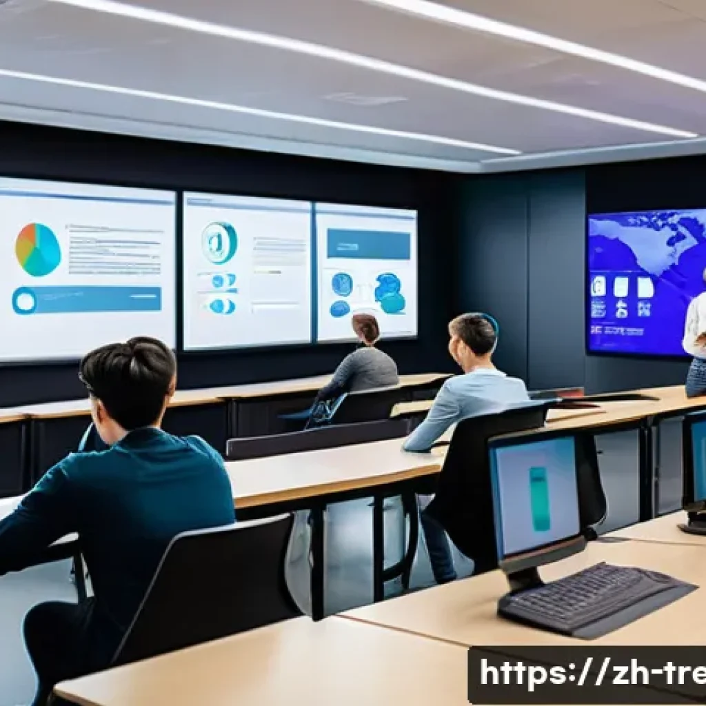 무역영어 시험의 난이도 분석 - A modern classroom scene showing diverse adult students attentively taking an international trade ex...