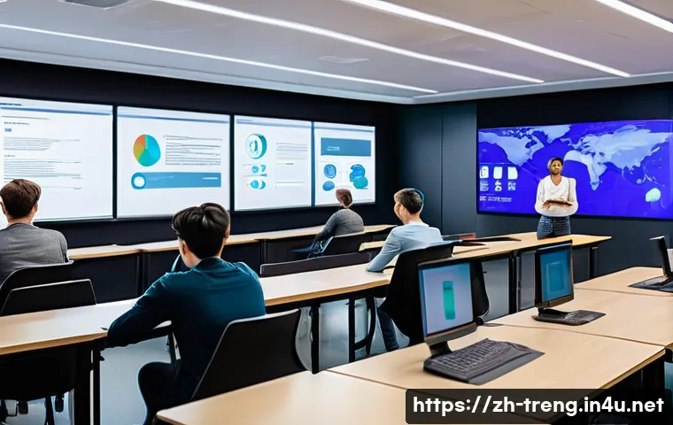 무역영어 시험의 난이도 분석 - A modern classroom scene showing diverse adult students attentively taking an international trade ex...