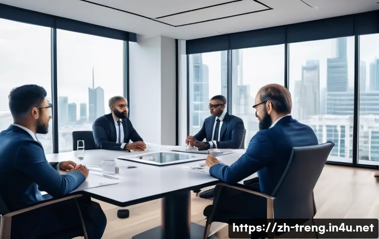 무역영어 학습에서 발생한 성공 사례 연구 - A modern international business negotiation scene showing diverse professionals in formal attire aro...