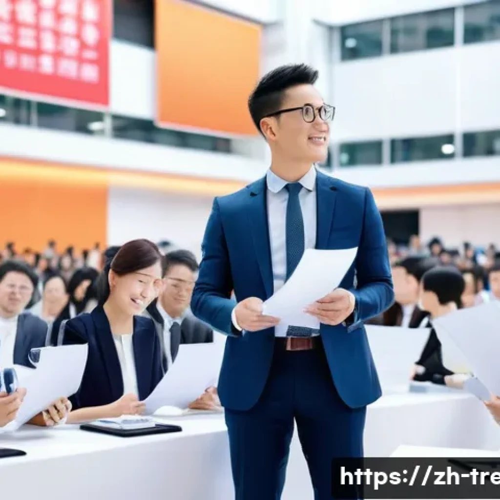 무역영어 자격증으로 확장된 글로벌 네트워크 - A modern international business conference scene set in a bright, spacious convention hall filled wi...