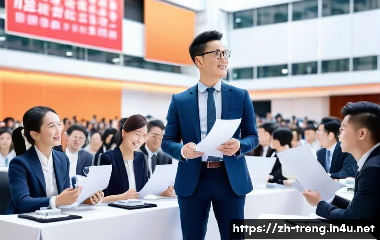 무역영어 자격증으로 확장된 글로벌 네트워크 - A modern international business conference scene set in a bright, spacious convention hall filled wi...