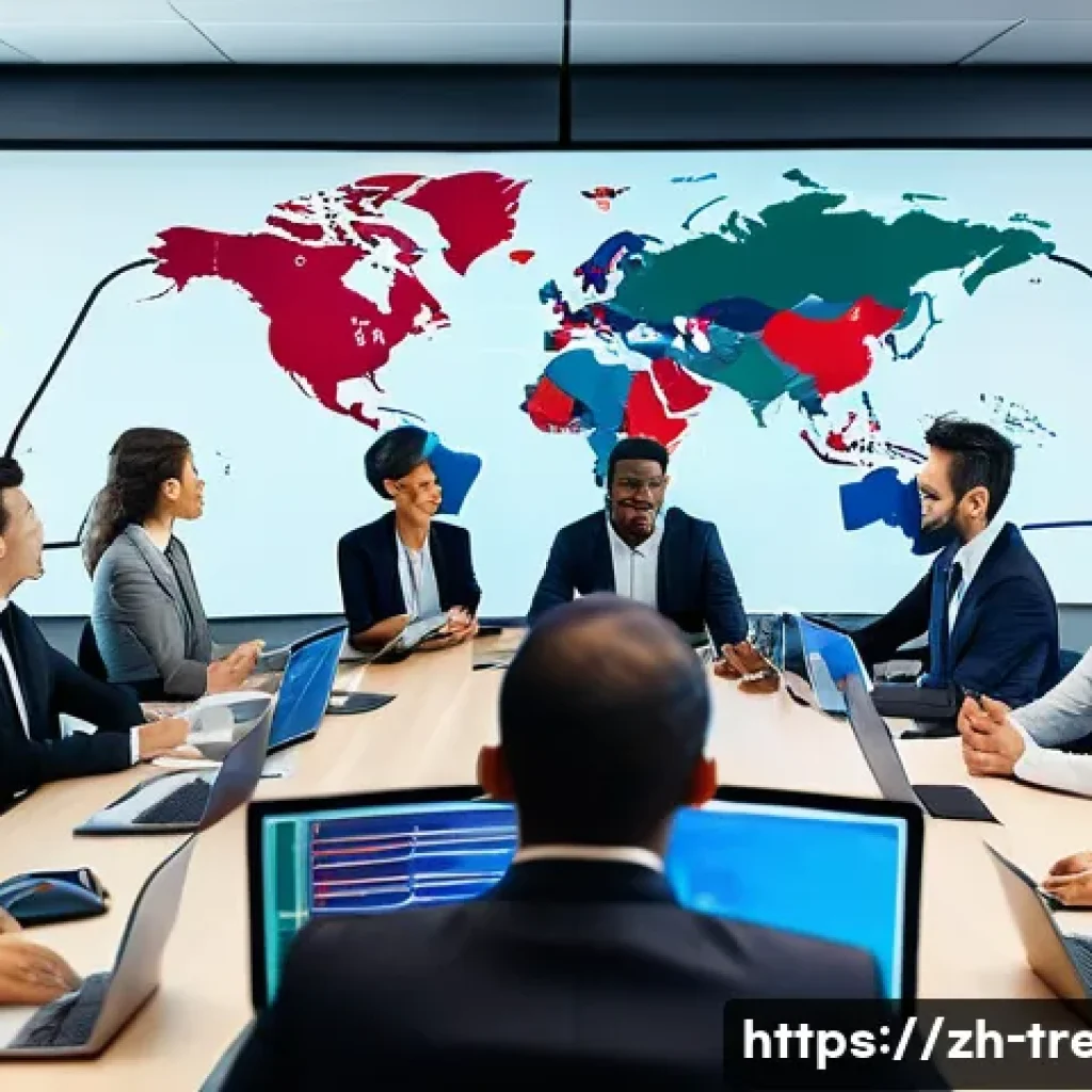 무역영어 학습에서 얻는 부가적인 스킬 - A modern international business office scene showing a diverse team of professionals from various et...