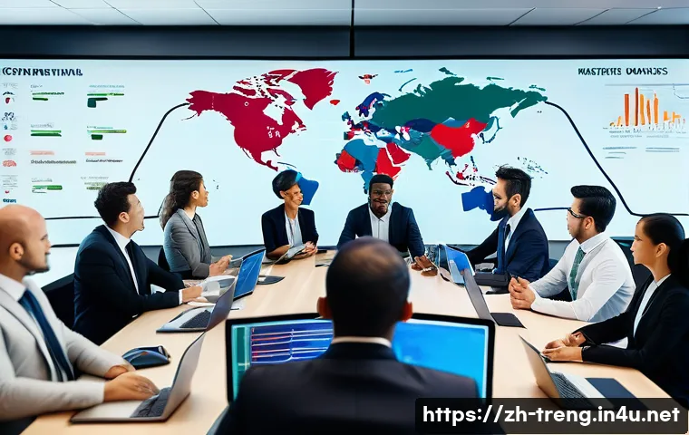 무역영어 학습에서 얻는 부가적인 스킬 - A modern international business office scene showing a diverse team of professionals from various et...