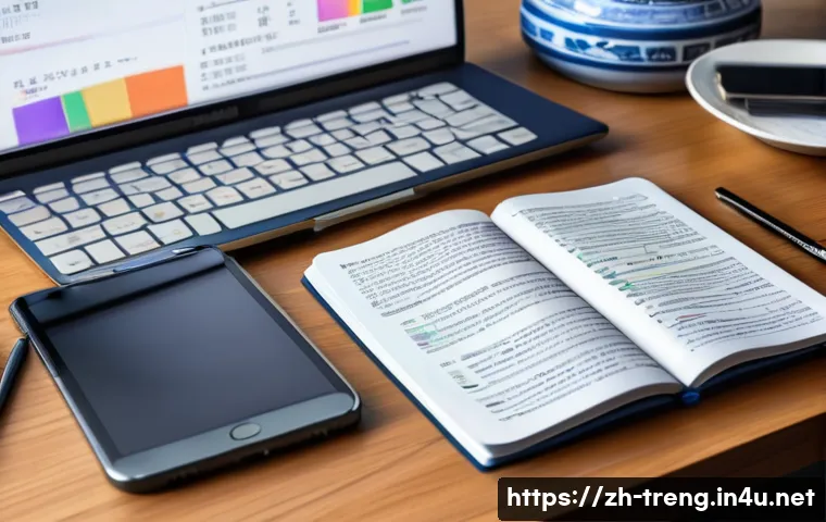 무역영어 필기시험 대비 주요 자료의 제작과 활용 - A modern study desk scene for a Chinese-speaking student preparing for a trade English exam, featuri...