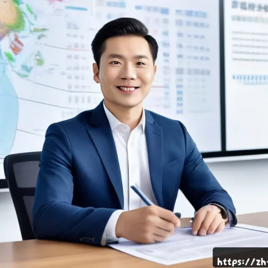 무역영어 자격증의 취업 활용 사례와 직무 적용 - A modern office setting showing a confident Chinese business professional in smart casual attire hol...