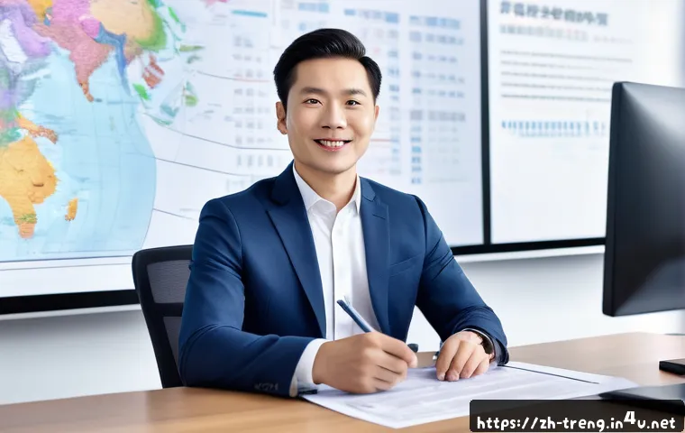 무역영어 자격증의 취업 활용 사례와 직무 적용 - A modern office setting showing a confident Chinese business professional in smart casual attire hol...