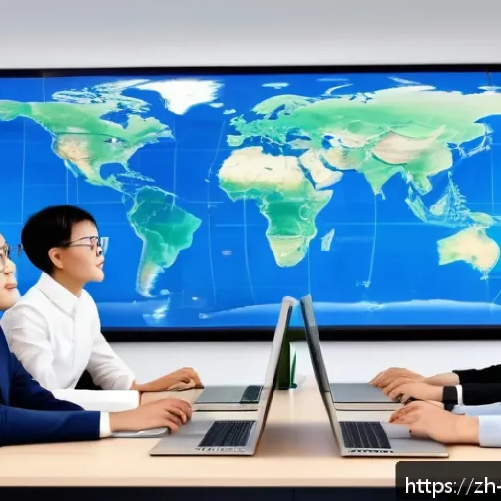 무역영어를 공부하는 직장인 팁 - A modern office scene with a diverse group of young professionals engaged in a virtual international...
